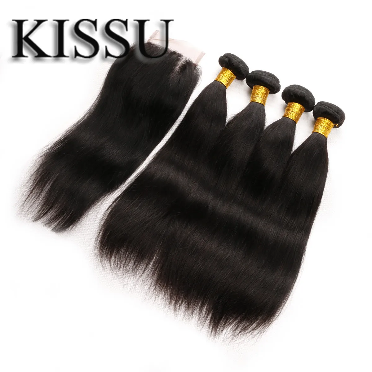 Перуанские пряди волос с закрытием Remy Прямые прямые человеческие волосы 4 для