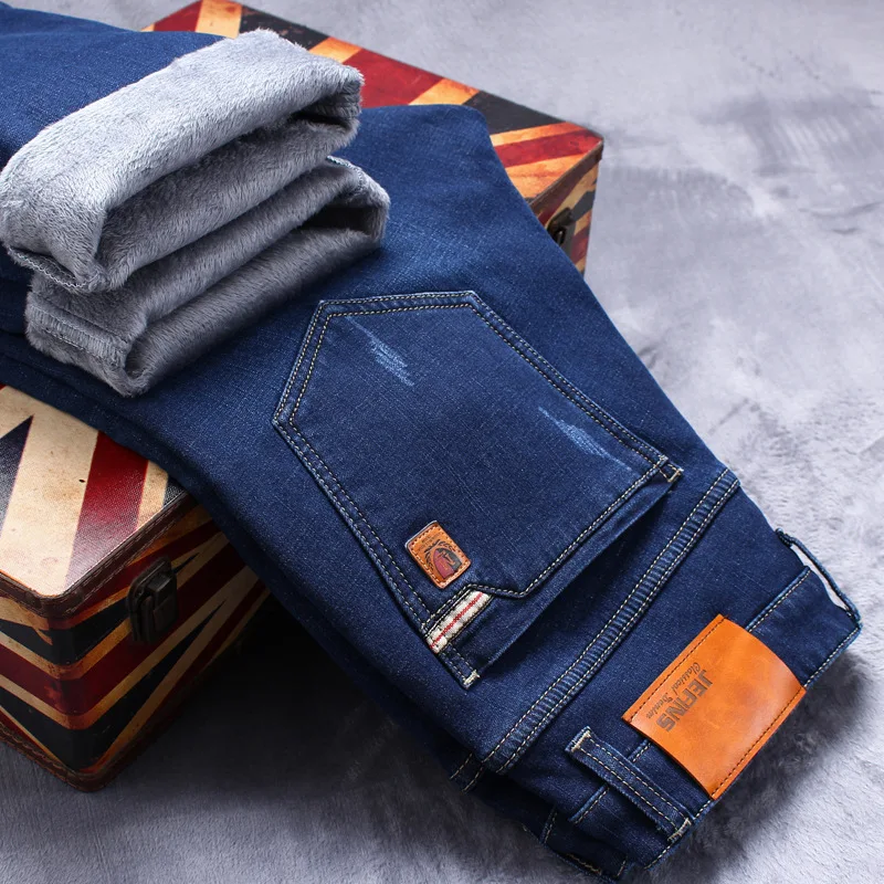 Зимние джинсы мужские теплые из флиса с махровым подкладом 2019 однотонные