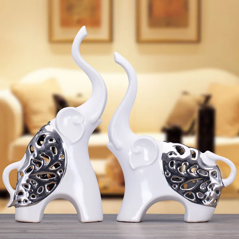 

White Silver Ceramic African Elephant Home Decor Crafts Room Decoration Ceramic Kawaii Ornament Porcelain Animal Figurines
