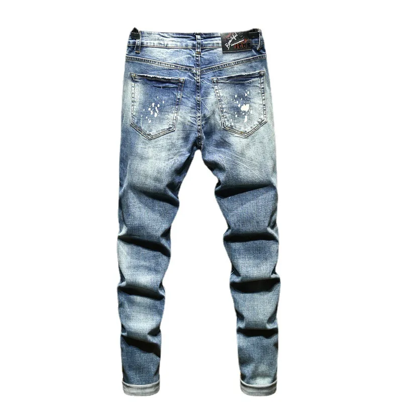 Men's Embroidered Ripped Motorcycle Jeans Light Blue Trendy Straight Slim Denim Trousers Male High Quality Casual Streetwear