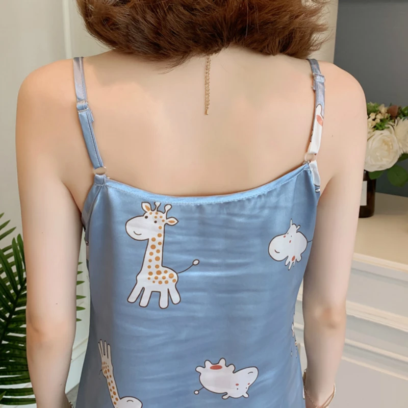 

Nightgowns Women Bow Sweet Cute Spaghetti Strap Sleepshirts Womens Silk Summer Printed Trendy Sexy Lounge Ladies Chic Ins Padded