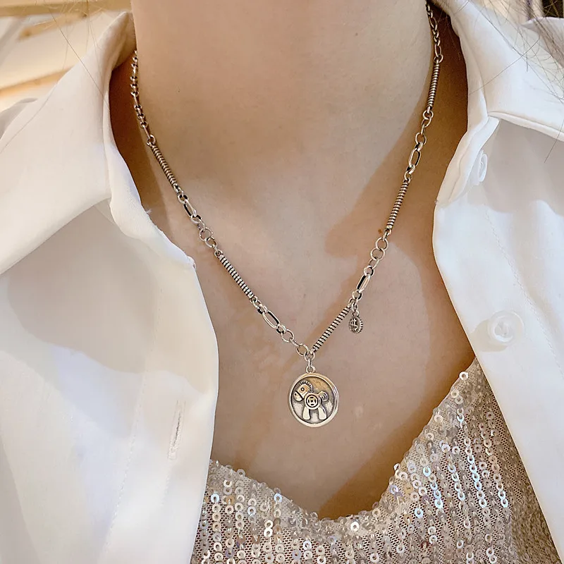 

POPACC Handmade 925 Sterling Silver Horse Necklace For Women Men Couple Necklace Splicing Chain Vintage Party Jewelry