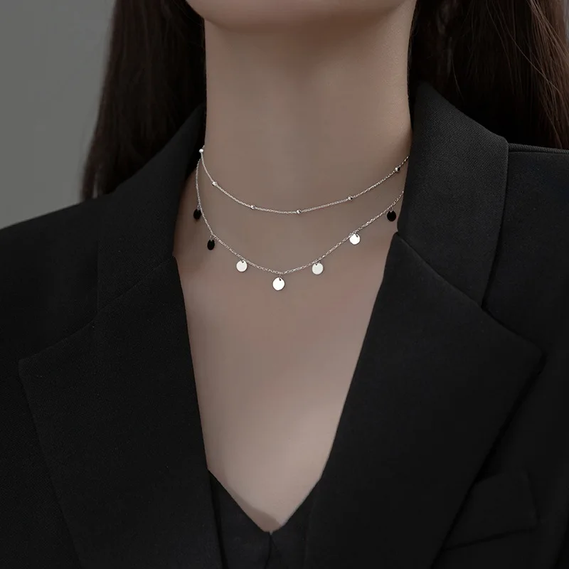 

Authentic 925 Sterling Silver FINE Jewelry Double Rows Beads Chain Statement Necklace Station Coin Pendant C-D8586
