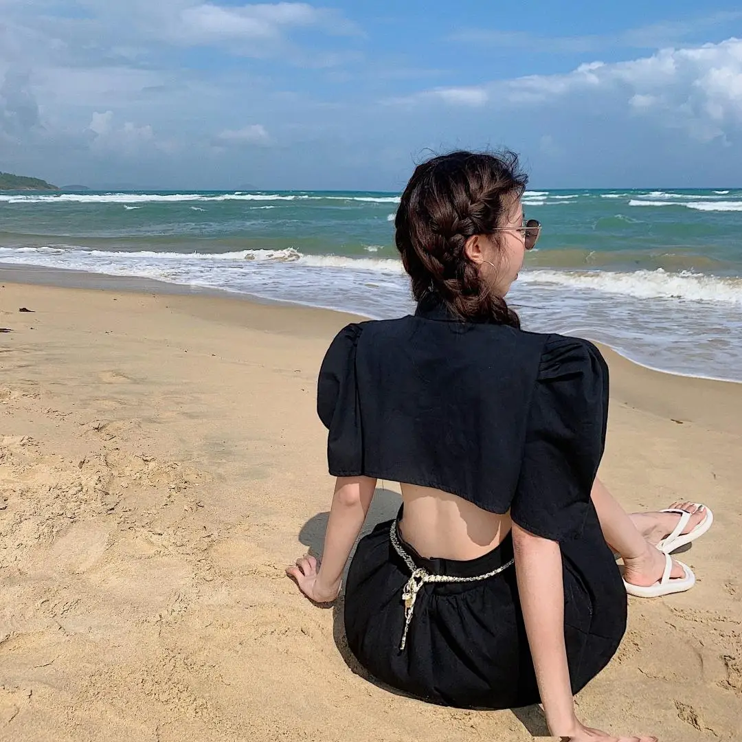 

White Short Sleeve Dress Woman Summer New One Piece French Retro Suit Collar Puff Sleeves Sexy Show Waist Casual Dress