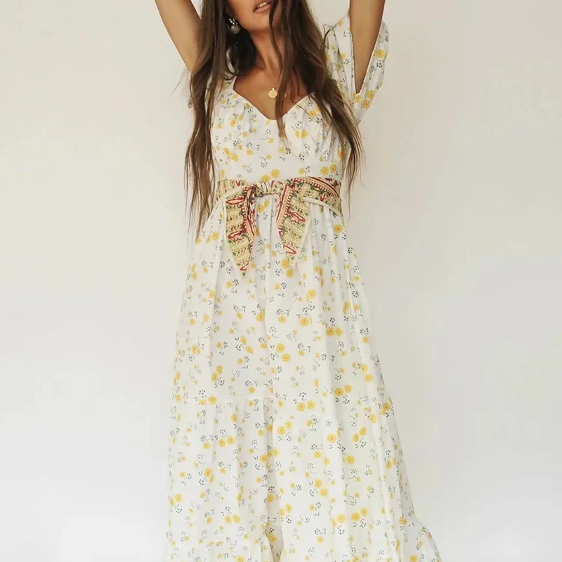 Été femmes Robes Floral Imprimé Princesse Robe Midi À Manches Bouffantes Taille Haute Robes Mujer Plage Sexy À Lacets robe Lâche