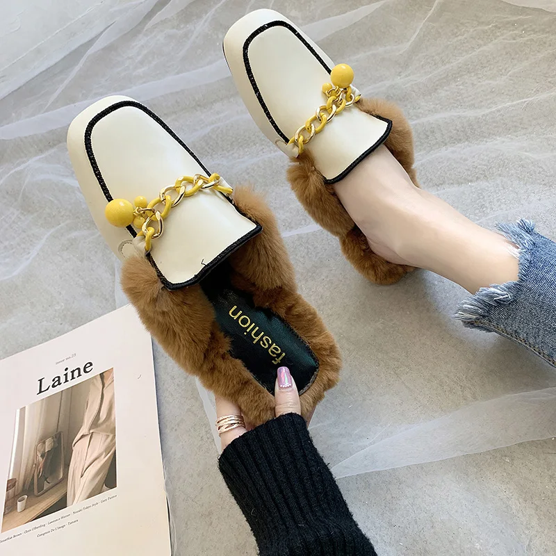 Женские меховые мюли на низком каблуке квадратные плюшевые туфли плоской