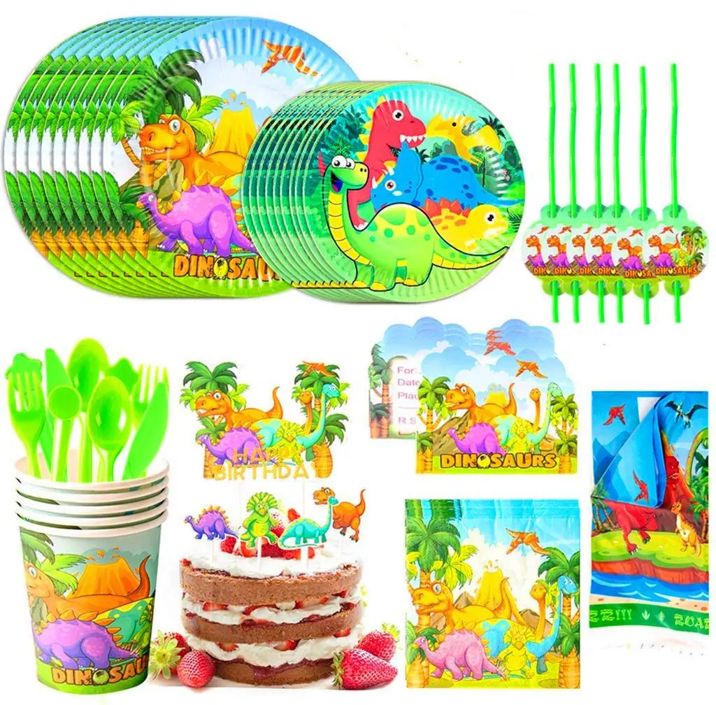

Одноразовые наборы посуды в виде динозавра для детей, украшение для дня рождения, кружки, тарелки, салфетки, скатерть, баннер, принадлежност...
