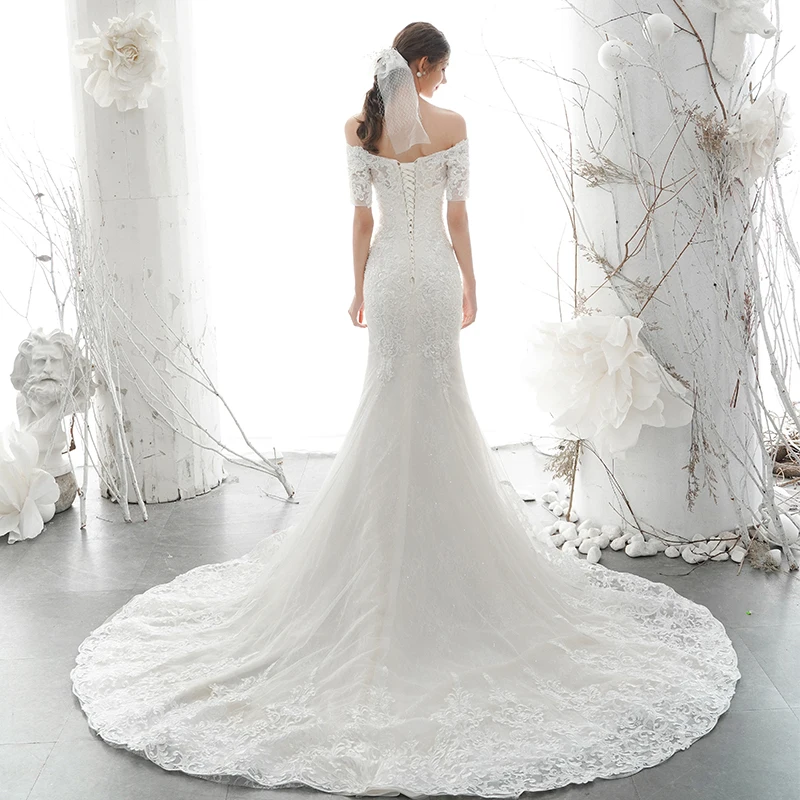 

WOMEN'S Bridal WEDDING dress short SLEEVE PLUS SIZE mermaid lace embroidery beading wedding DRESS with train