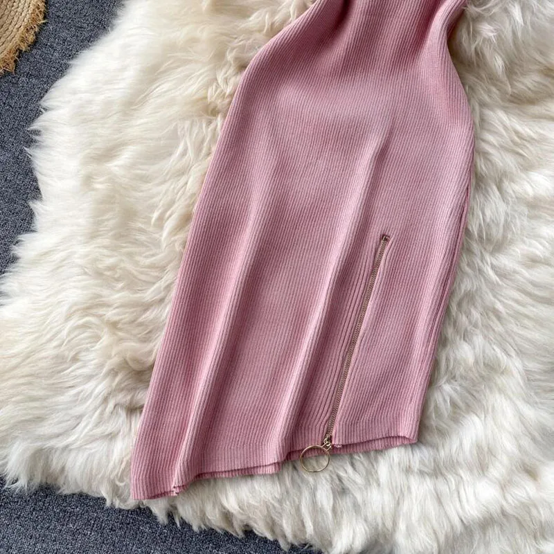 

Vintage Ladies Slim Summer Short sleeve Knitted Dress Women Casual zipper split Party Bodycon Dress Elegant Mini Vestidos