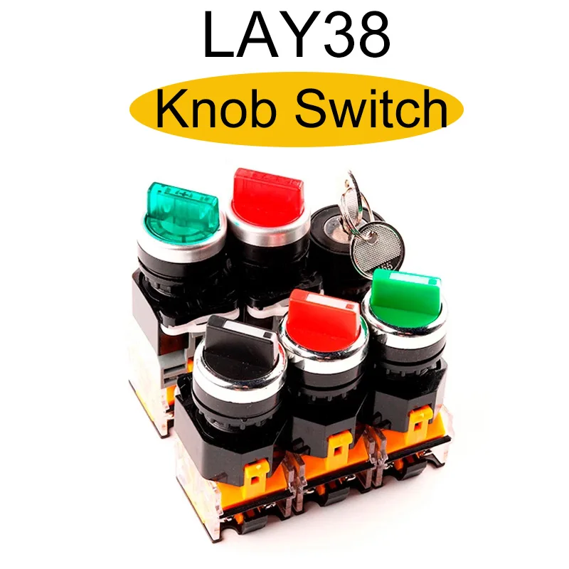 

22mm 2/3 position Knob Switch ON-OFF With Rotary Key LAY38 DPST Led Light 2 Gears Rotary Push button switch Red Green Black