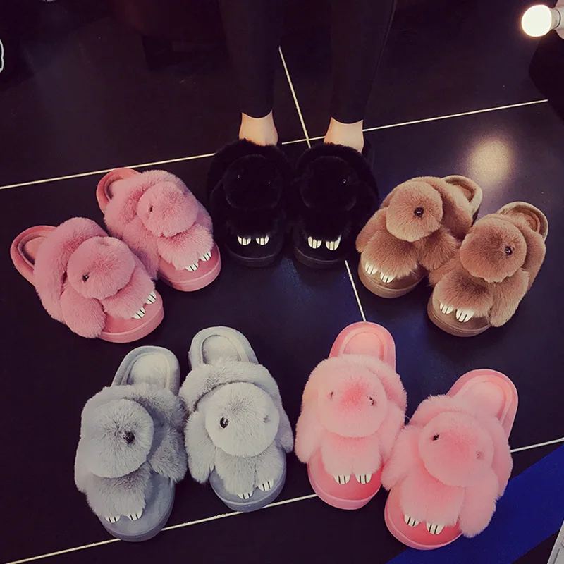 Зимняя Теплая обувь из плюша с розовым кроликом Женские тапочки Удобные