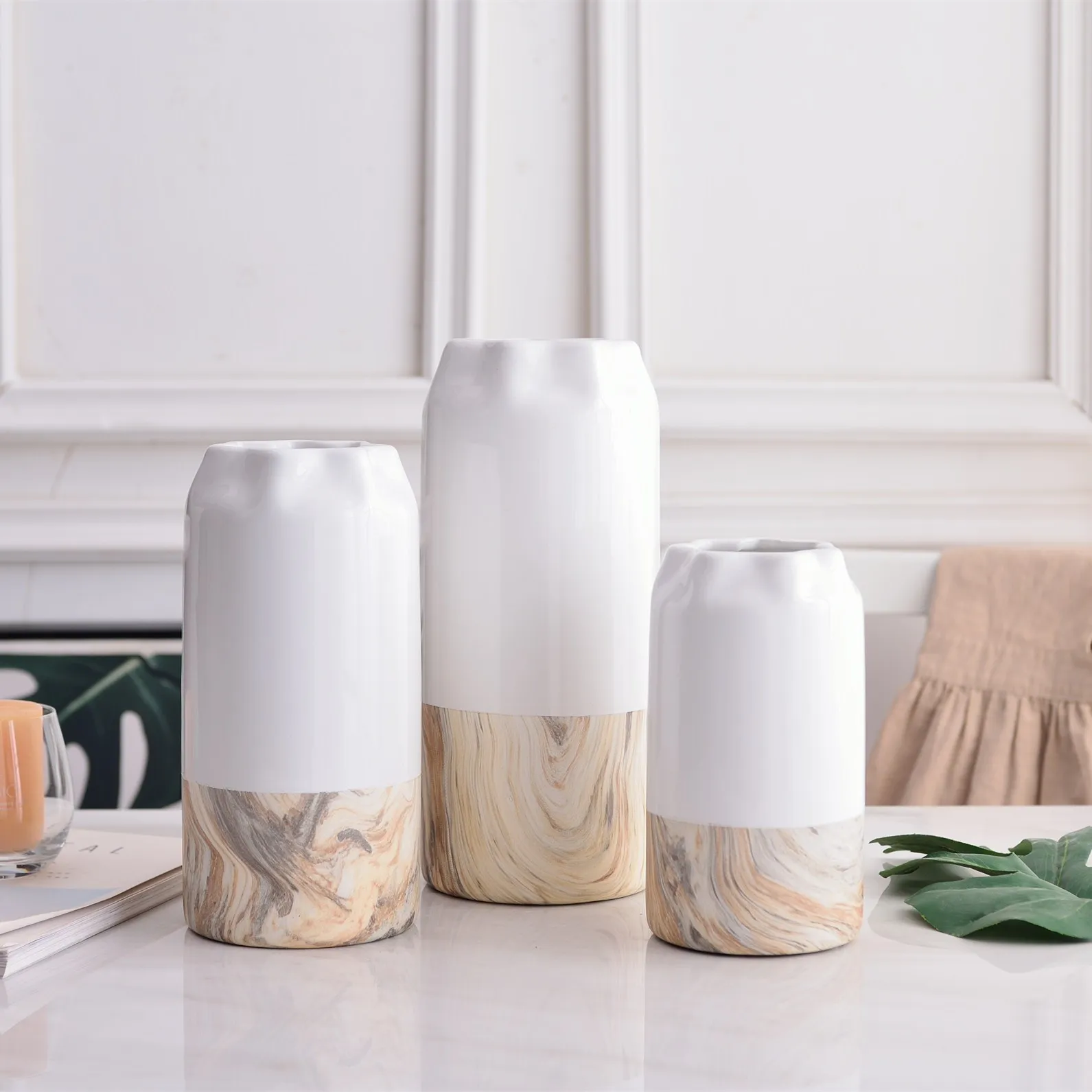 

Modern Wood and Stone Grain White Ceramic Vase Flower Three-piece Home Soft Decoration Crafts Ornaments and Furnishings