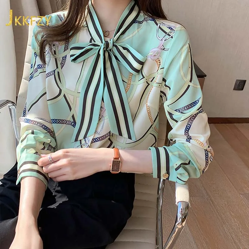 Женская шифоновая блузка с длинным рукавом элегантная офисная рубашка бантом и