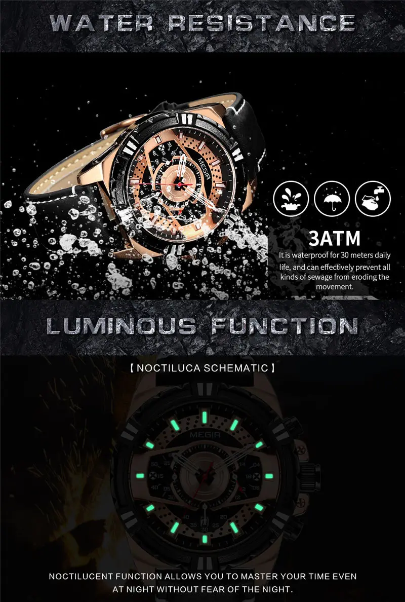 Часы наручные MEGIR мужские с хронографом брендовые Роскошные синие спортивные в