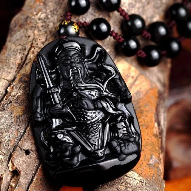 Ожерелье из натуральных черных бусин обсидиана ручной работы кулон Гуань Юй