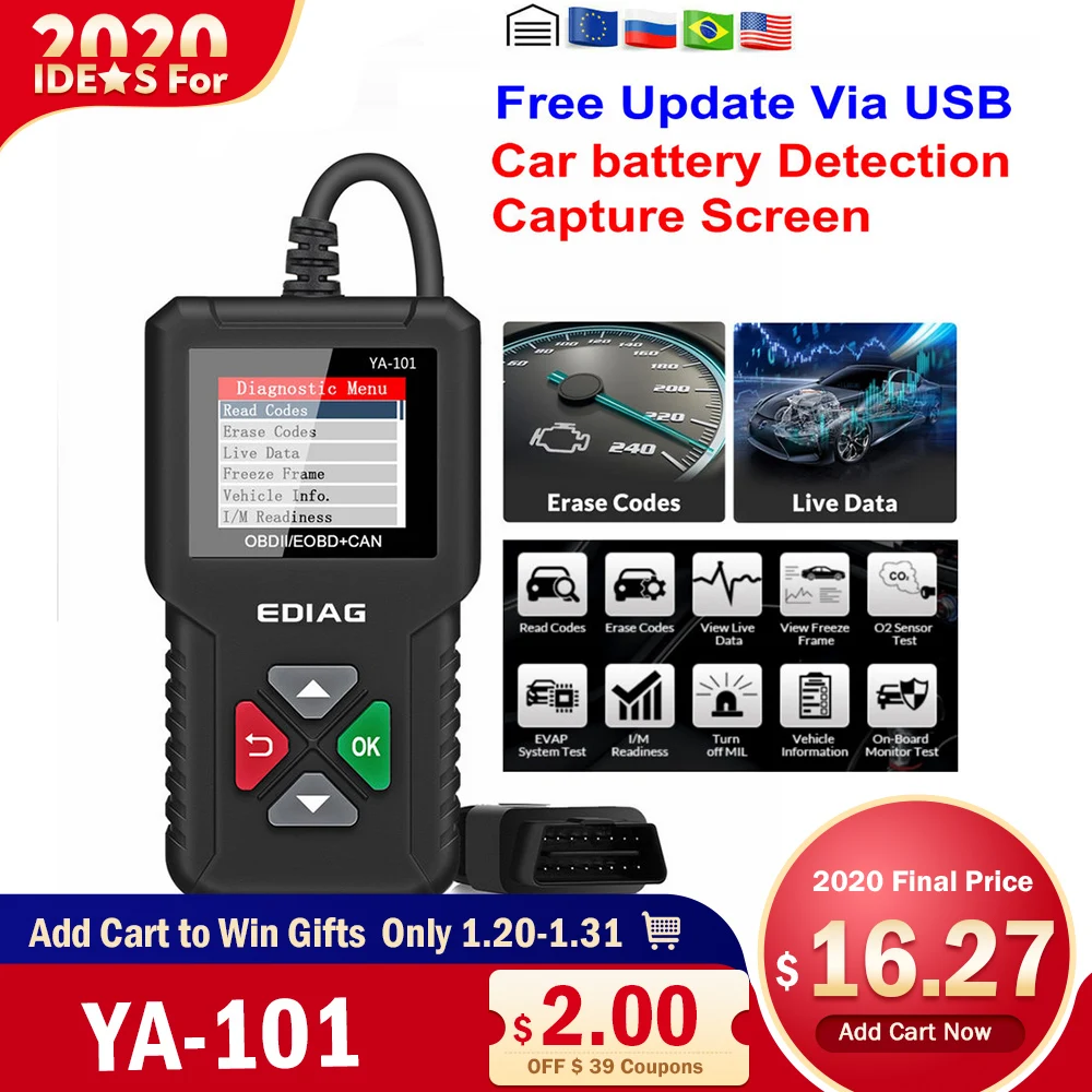Ediag YA101 OBDII/EOBD тест на батарею настоящий 16pin считыватель кодов диаграмма datastream USB