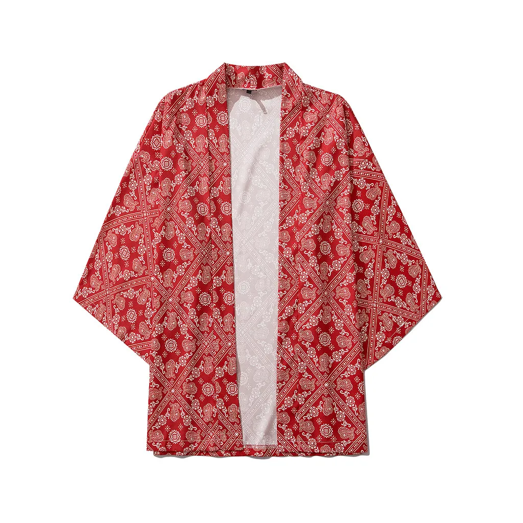 

Camisas Men's Casual Loose Open Front Shirts Summer 3/4 Sleeve Japanese Style Print Cover Up Cardigan Hombre Beach Streetwear