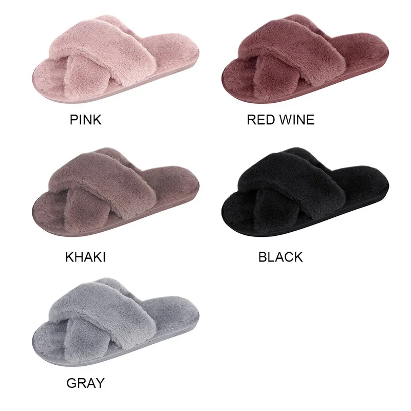

Litthing Winter House Slippers Faux Fur Fashion Warm Shoes Woman Slip On Flats Female Slides Black Pink Cozy Home Furry Slippers