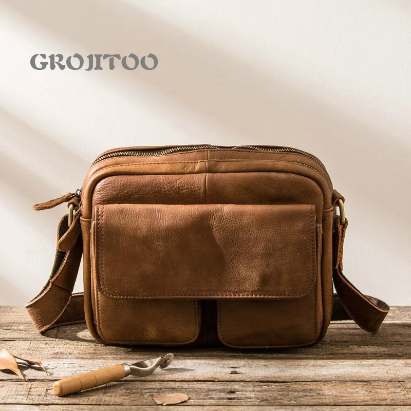 GROJITOO New men's shoulder bag Genuine Leather One Shoulder Messenger Bag men's Postman bag sports small bag