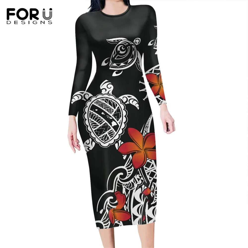 

FORUDESIGNS Black Stretchy Bodycon Dress for Lady Samoan Polynesian Turtle Hibiscus Printed Long Sleeve Party Pencil Dress Mujer