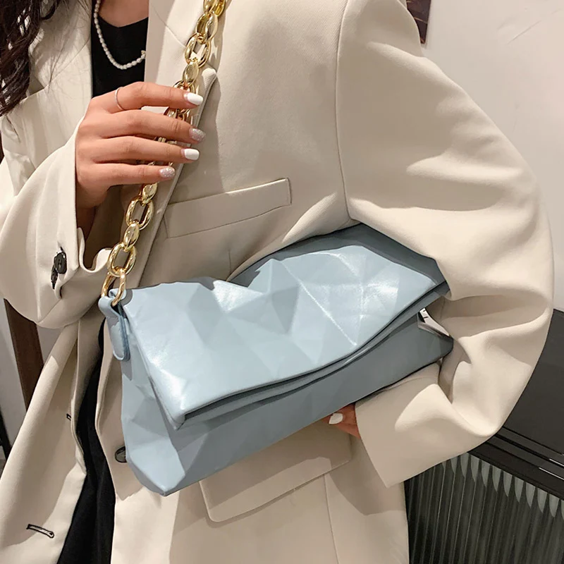 

Fashion Thick Chain Shoulder Bags for Women 2021 New Ladies Solid Color PU Crossbody Bag Brand Design Trend Flap Underarm Purses