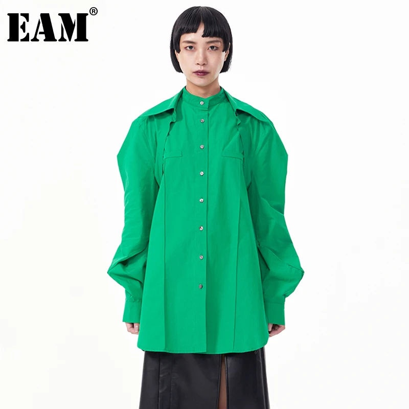 

[EAM] Women Geeen Shaped Big Size Long Blouse New Lapel Long Sleeve Loose Fit Shirt Fashion Tide Spring Autumn 2022 1DE2562
