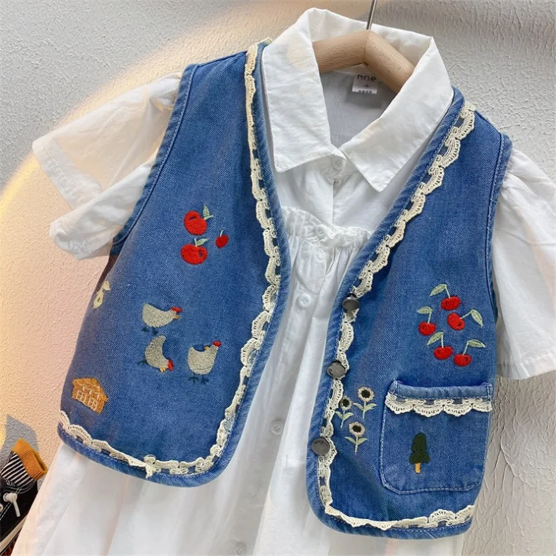 

Baby Girl Clothes for Children Embroidery Vest Coat Denim jacket 2021 Spring Summer New Cotton Kids Clothes Girls Outfits