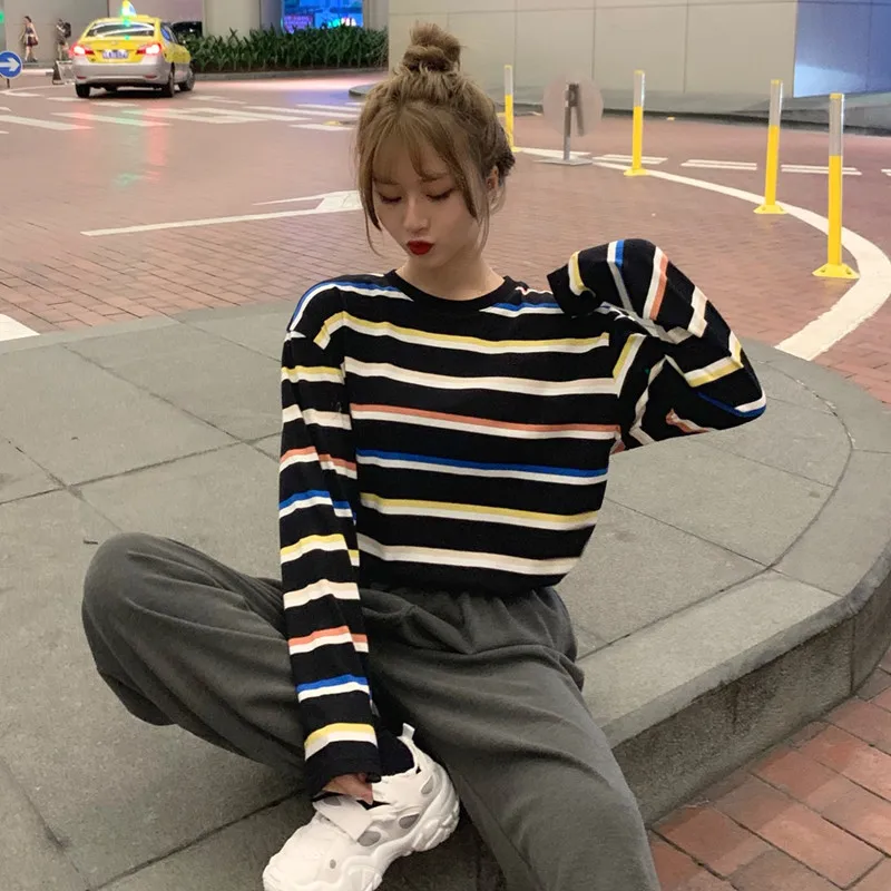 Радужная футболка для женщин в полоску Kawaii одежда Harajuku корейский Стиль Уличная Эстетическая с длинным рукавом Осень Roupas Feminina О образным вырезом