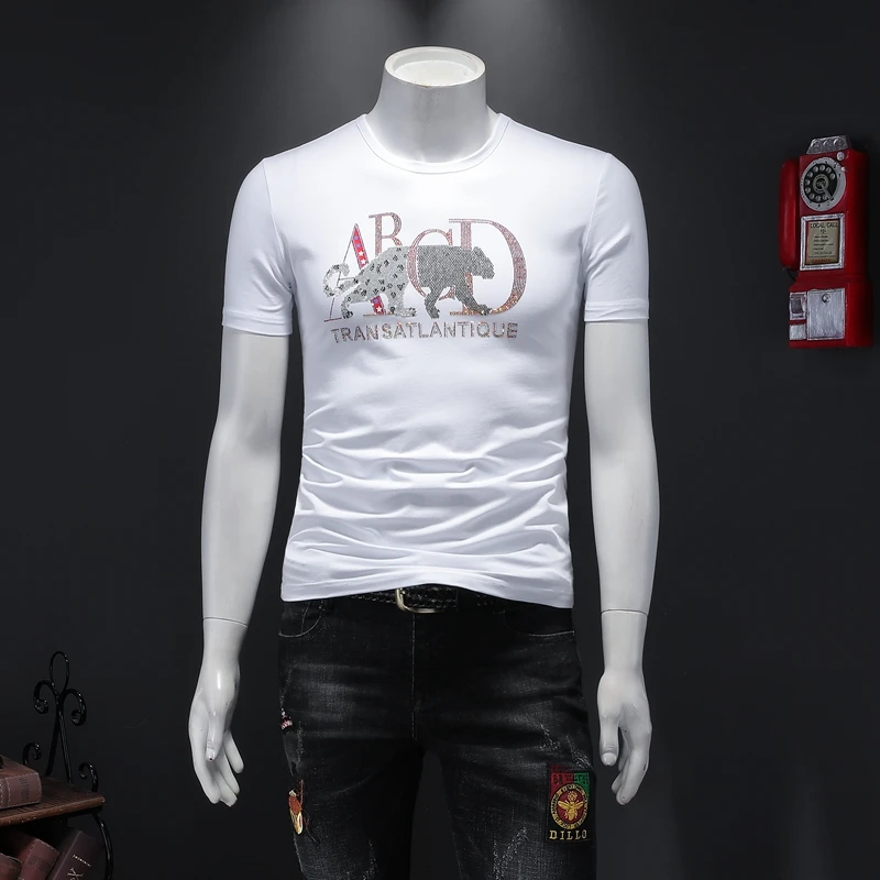 Мужская летняя футболка с круглым вырезом и леопардовым принтом|Мужские