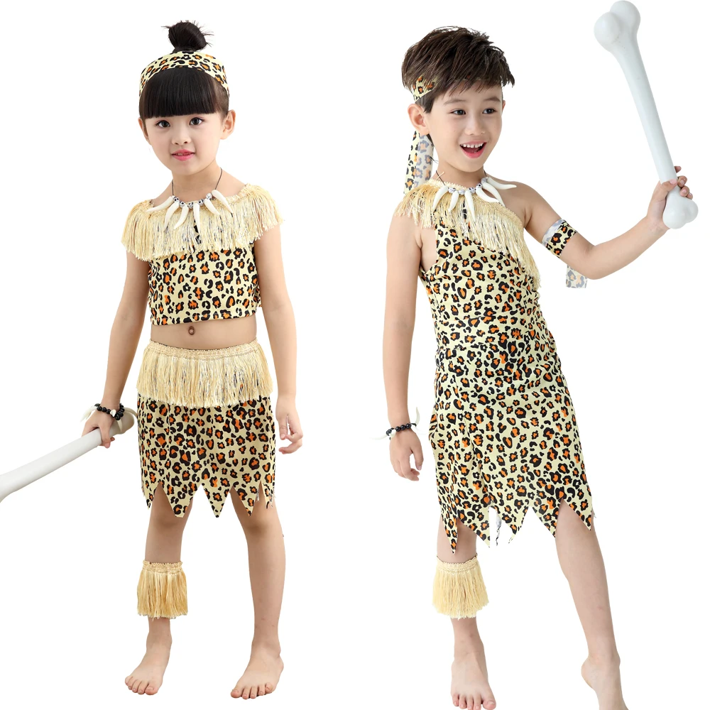 

Halloween Costumes Children Kids Indian Primitive Macho Caveman Leopard Costume Boy Girl Purim Party Mardi Gras Fancy Dress Up