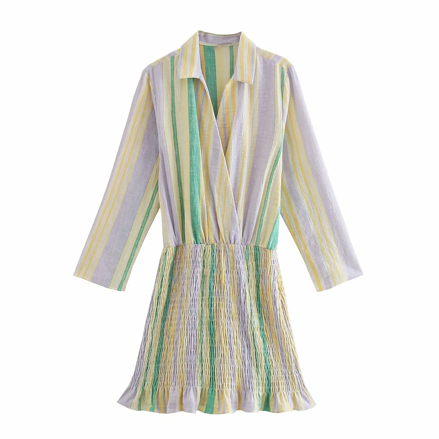 

New Women Vogue Striped Pleated Mini Dress Long Sleeve V-Neck Vintage Female Dresses Woman Robe Femme