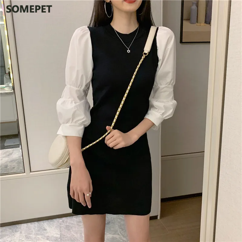 

Spring Autumn Mini Party Dress Women Puff Sleeve Knit Dresses Korean Elegant Vintage Pencil Robe Vestidos De Festa