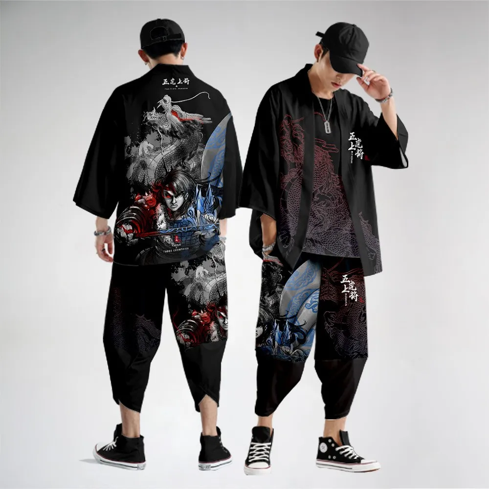 Китайский Стиль принт для мужчин кимоно кардиган комплект размера плюс мужской