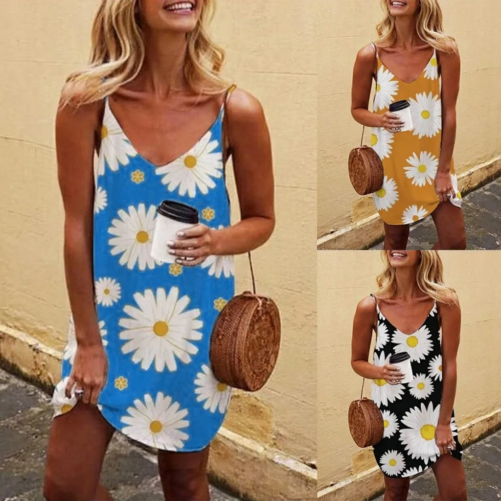 

SAGACE Fashionable Simple Womens Sleeveless Daisy Loose Fit Ruffle Summer Sunflower Beach Mini Tank Dress женское платье