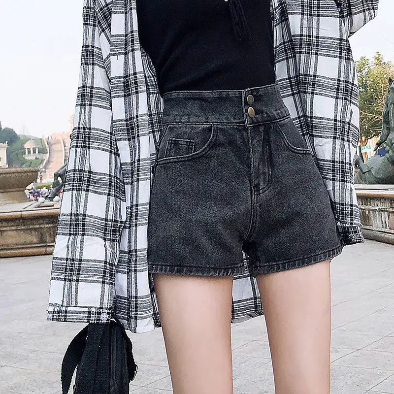 

Denim Shorts Women 2021 Summer Fashion New High Waisted Double Buckle Loose and Thin Wild Black Wide-leg Short Pants Y794