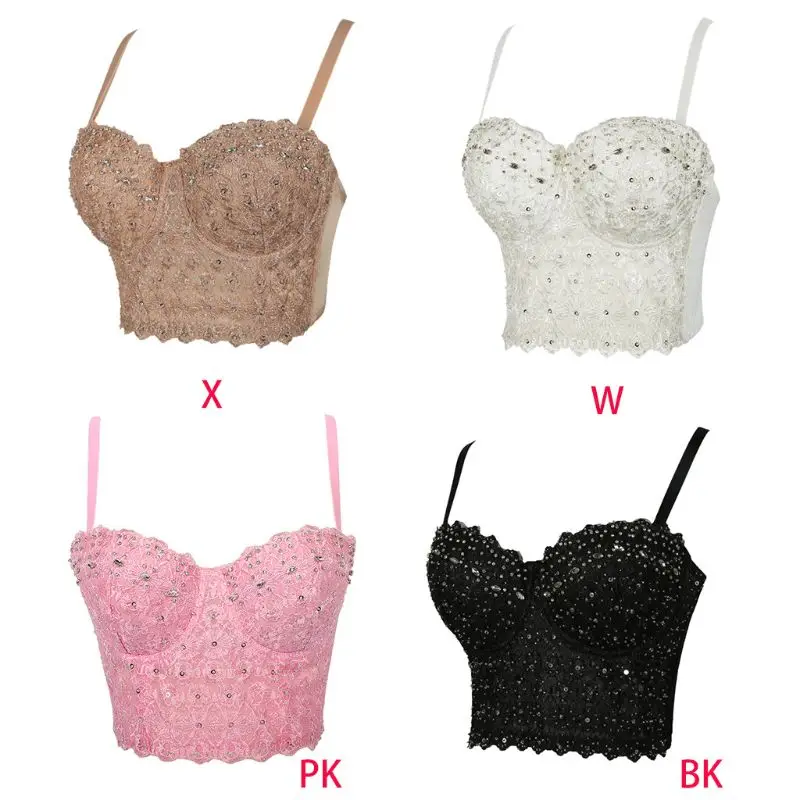 

Women Sexy Embroidery Floral Lace Bustier Crop Top Spaghetti Strap Push Up Bralette Glitter Sequins Rhinestone Club Party Corset