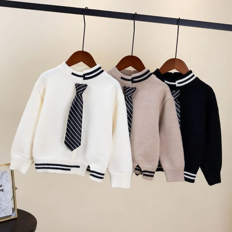 

3-10T Toddler Kid Boy Clothes Autumn Winter Warm pullover Top Long Sleeve necktie stripe Sweater Girl Knitted Gentleman Knitwear