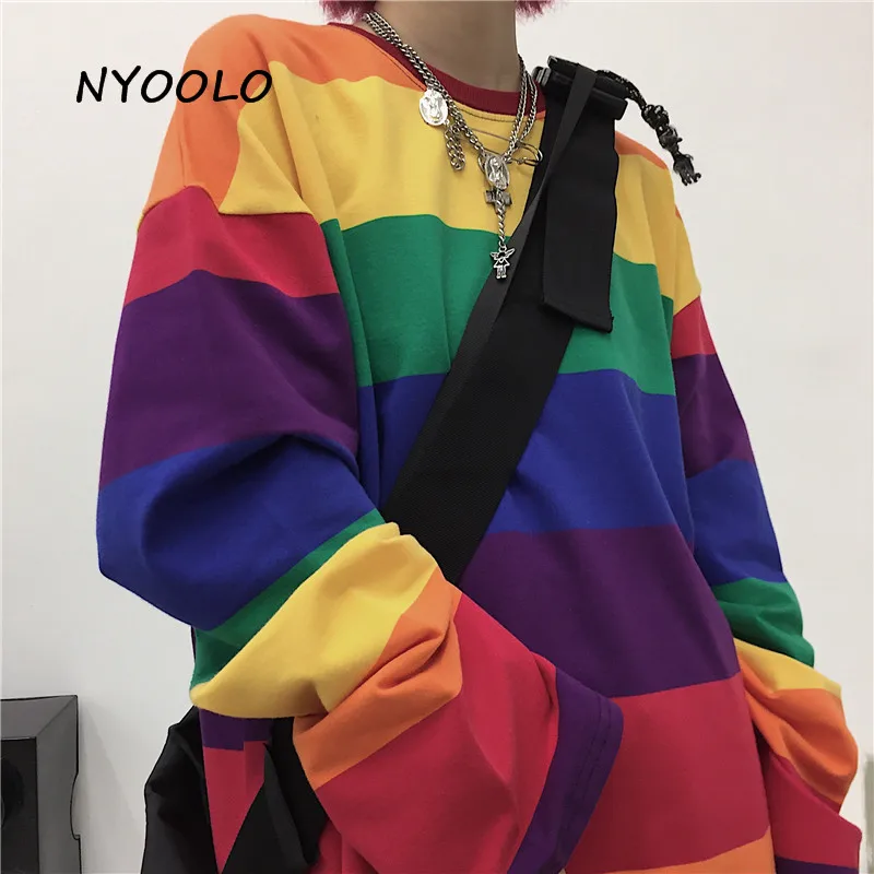 NYOOLO Harajuku винтажная Радужная полосатая Лоскутная свободная футболка Топы Осенняя уличная одежда с длинным рукавом хлопковая Футболка женская одежда