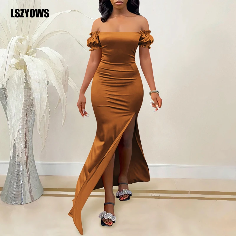 

Off Shoulder Long Maxi Dress Women Short Sleeve Backless Sexy Slim High Slit Bodycon Dress Vintage Satin Summer Dresses Vestidos