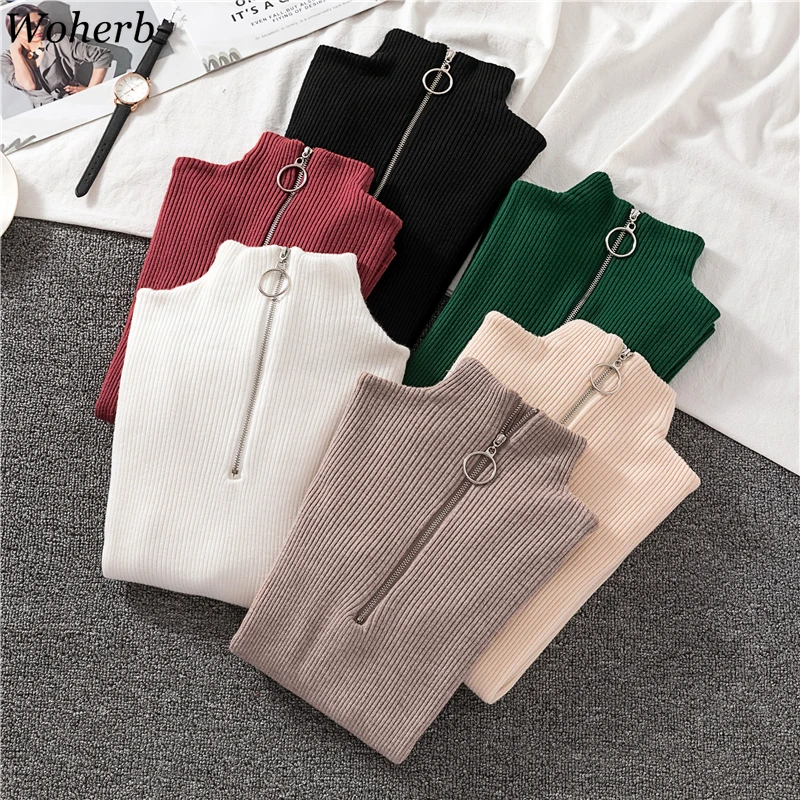Woherb осенне-зимний базовый вязаный свитер Женский облегающий пуловер на молнии с