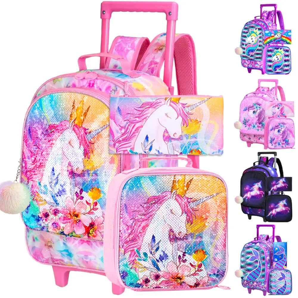 4PCS Kids Rolling Backpack for Girls Unicorn Sequin Roller Wheeled Bookbag Toddler Elementary School Bag with Wheels - купить по