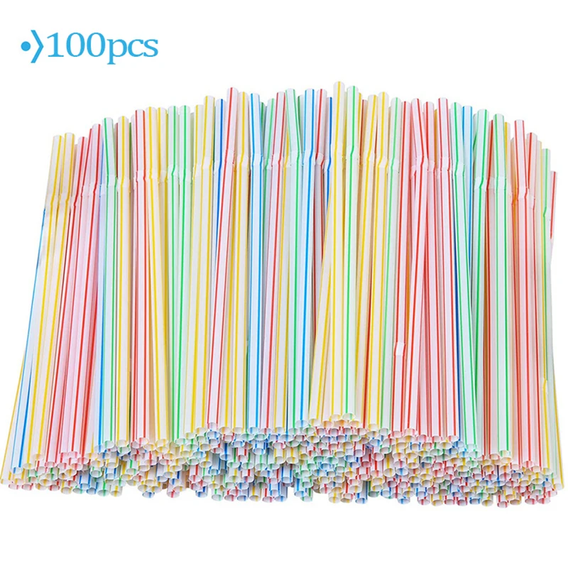 

100pcs Plastic Drinking Straws 8 Inches Long Multi-Colored Striped Bedable Disposable Straws Party Multi Colored Rainbow Straw