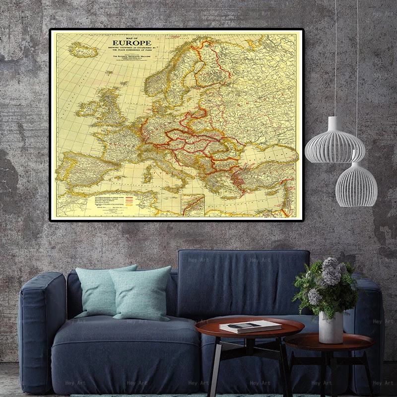 

150*150 cm 1919 Europe Paris Peace Conference Map Vintage Non-woven Canvas Painting Large Poster Home Decoration School Supplies