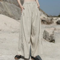 loose casual pants female summer 2020 new cotton and linen wide leg pants literary chinese style patterned mid waist long pants
