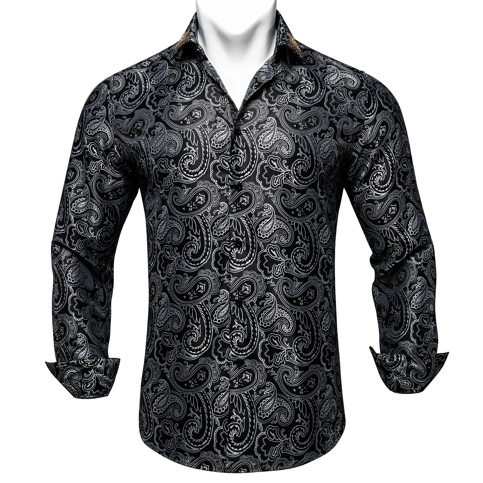 New Men's Turn-down Shirts Classic Black Long Sleeve Casual Man Blouse Fashion Print Business Social Shirt with Collar Pin
