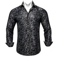new mens turn down shirts classic black long sleeve casual man blouse fashion print business social shirt with collar pin