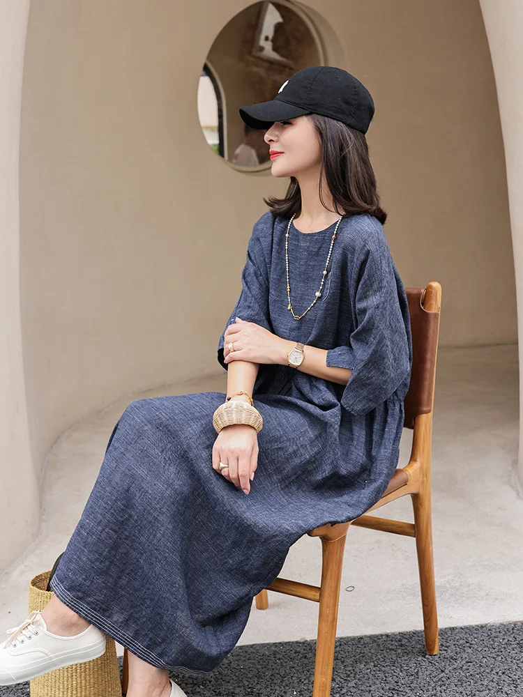 

Ma ~ Lin women's clothing 2021 autumn new product pure linen yarn dyed washed denim blue round neck medium sleeve loose dress