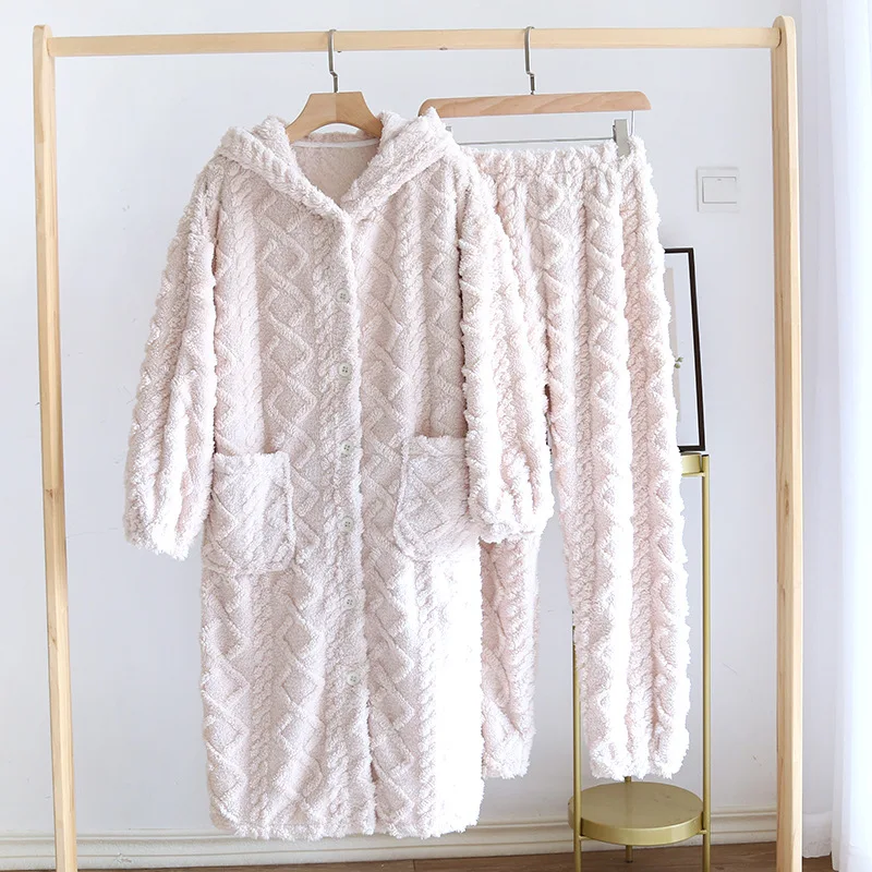 Winter Thick Warm Velvet Pajamas Nightgown Women Cute Hooded Flannel Robe Set Couple Long Homewear Plus Size Men's Home Clothes