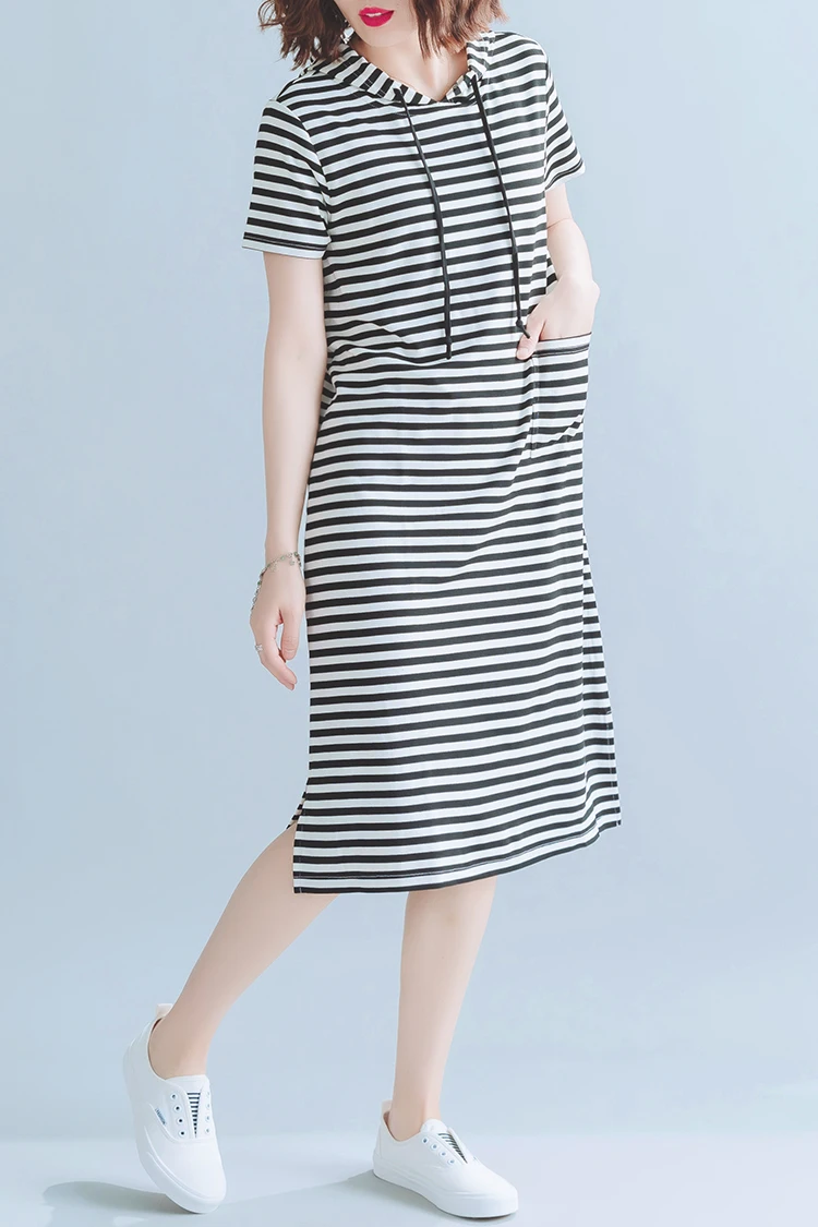 Женское Хлопковое платье в полоску с коротким рукавом и круглым вырезом | Женская