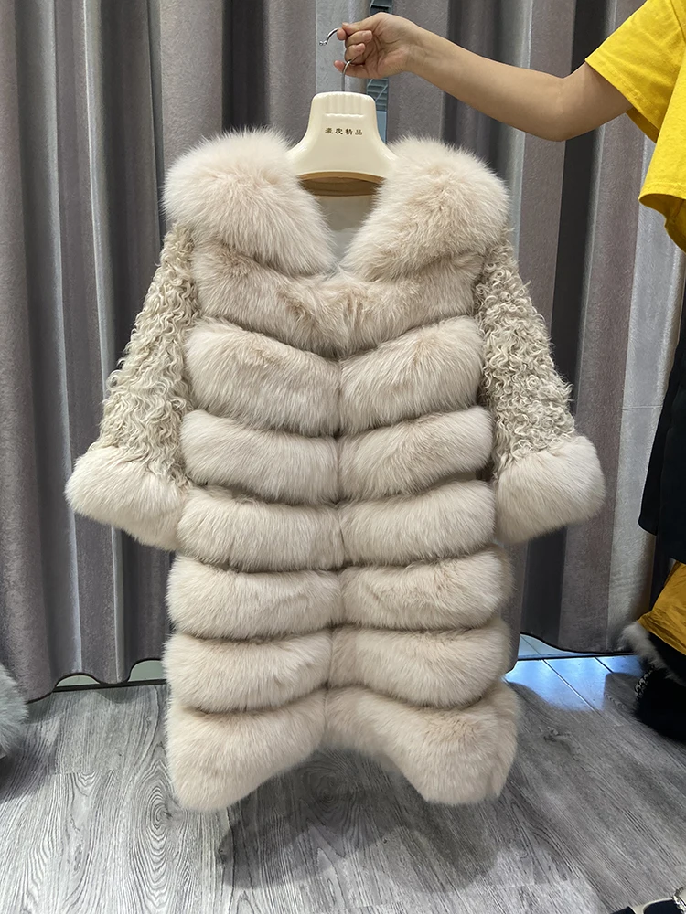 

Women Winter Warm Long Genuine Fox Fur Coat Jacket Full Piece Real Fox Fur Coat Long Ourterwear with Lamb Wool Sleeves